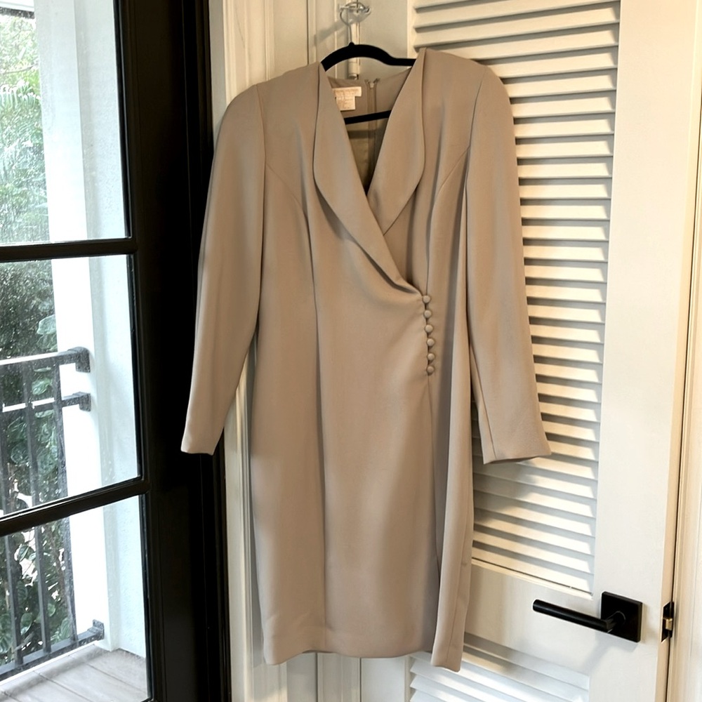 Brooks Brothers taupe dress with plunging neck line and side buttons.